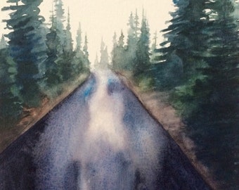 Forest road, pine trees, Pacific Northwest, Misty pines, PNW art, Misty landscape, tree painting, watercolor trees, watercolor painting