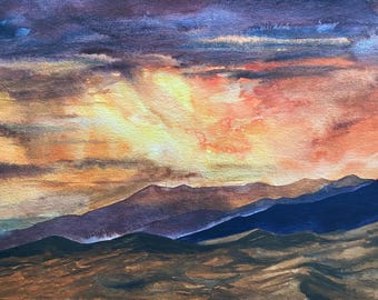 Colorado mountains, Rocky Mountains, original watercolor, Colorado Springs, Ouray, Colorado mountain sunset, sunset sky