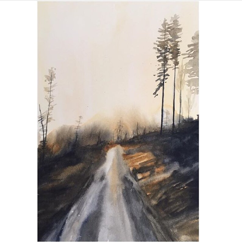May include: Watercolor painting of a misty forest road with tall trees on either side. The road is light gray and the trees are dark gray and brown.