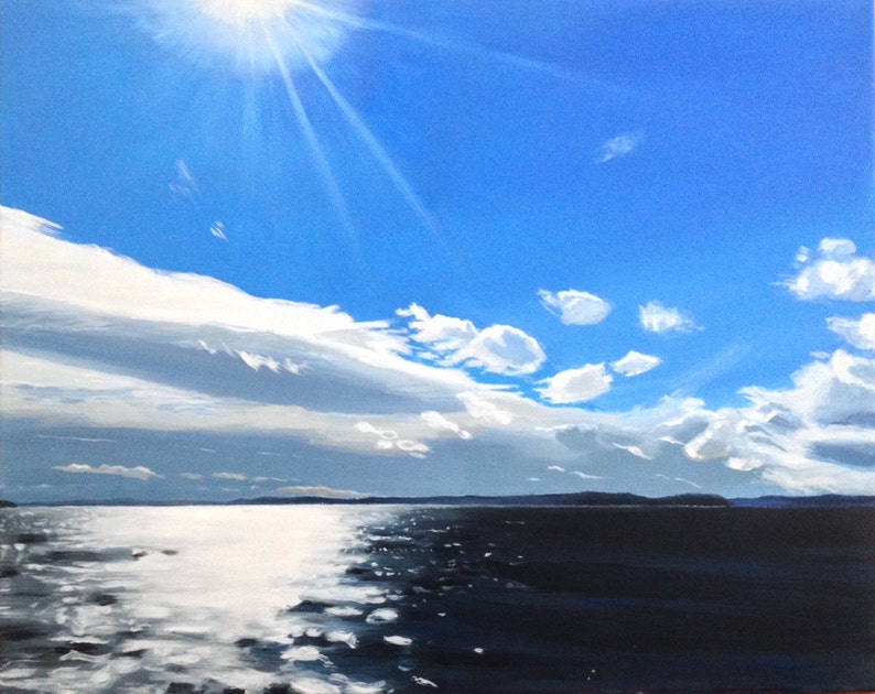 Acrylic landscape, acrylic painting, landscape, Sea painting, Sky painting, West Seattle, Puget Sound, Pacific Northwest, Cloud painting image 1