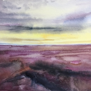 Landscape painting, Yorkshire, yorkshire moors, heather landscape, watercolor landscape, watercolor painting, English landscape,sky painting
