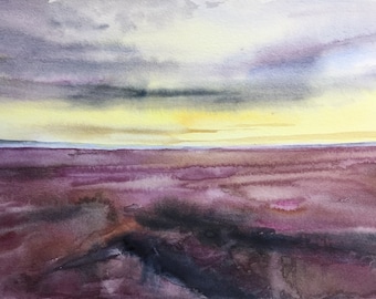 Landscape painting, Yorkshire, yorkshire moors, heather landscape, watercolor landscape, watercolor painting, English landscape,sky painting