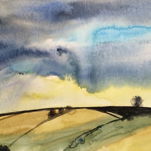 Cloud painting, Watercolor landscape, rain clouds, hills, Storm clouds, Sky painting, storm art, stormy watercolor, rain clouds