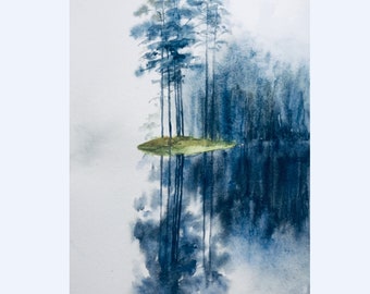 Lake District watercolor, Misty lake, lake reflection, Tarn Hows, wet in wet, watercolor trees, watercolor lake, watercolor reflection