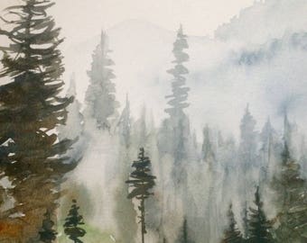 Pacific Northwest, Misty mountains, cascades, watercolor trees, pine trees, Misty pines, landscape painting, northwest landscape, trees
