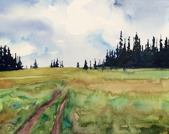 Pine trees, pine tree painting, Pacific Northwest, Rainier national park, Meadow, tree painting, watercolor trees, landscape painting, firs
