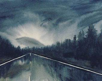 Road painting, road watercolor, storm cloud watercolor, mountain road, forest road, Pacific Northwest watercolor, stormy skies watercolor