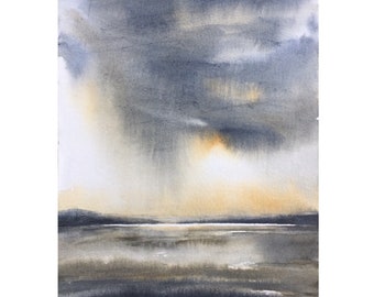 Puget Sound watercolor, Pacific Northwest, West Seattle, storm cloud painting, watercolor landscape, stormy skies watercolor, watercolor