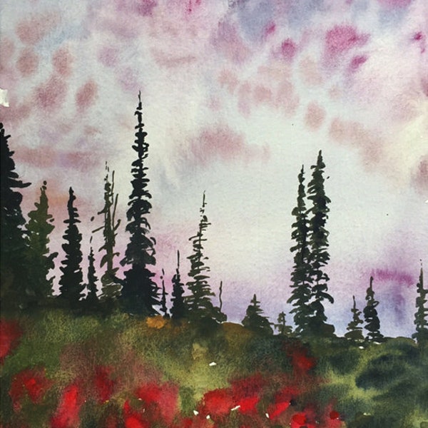 Pacific Northwest watercolor, alpine wilderness, pine tree meadow, watercolor pines, pine watercolor, watercolor landscape, PNW painting