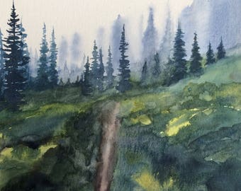 Pine tree painting, Pacific Northwest, Misty landscape, tree painting, Misty mountains, cascades, watercolor trees, tree painting, landscape