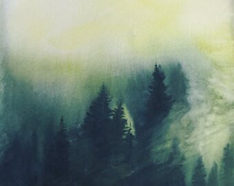 Forest watercolor, forest painting, misty pine forest, pine forest, misty mountains, watercolor forest, watercolor landscape, misty pines