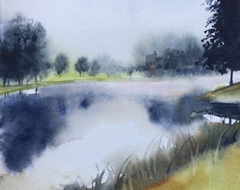 River watercolor, river painting, misty landscape, watercolor landscape, landscape painting, misty river, wet in wet, original watercolor