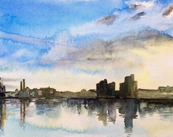 London painting, London Skyline, Battersea London, London watercolor, Urban painting, city painting, London England, River Thames, London UK