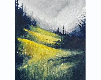 Pacific Northwest landscape watercolor, PNW watercolor, mountain landscape watercolor, PNW painting, mountain meadow watercolor, pine trees