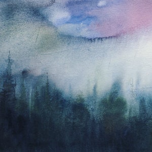 Forest painting, forest watercolor, pine forest painting, pine forest watercolor, misty pines, misty forest, watercolor pines, pine trees