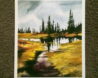 Cascades painting, PNW watercolor print,mountain lake,alpine lakes painting print,PNW art,pine tree painting, Northwest art, landscape print