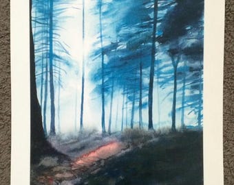 Pine forest painting, pine forest print, misty forest, landscape print, landscape painting, forest print, watercolor forest, forest painting