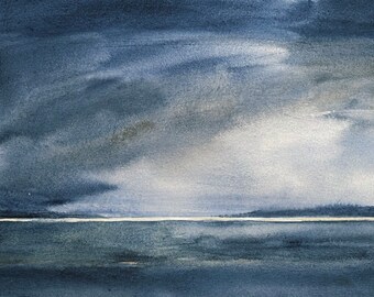 Puget Sound watercolor, Pacific Northwest, West Seattle, storm cloud painting, watercolor landscape, stormy skies watercolor, watercolor