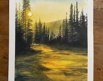 Pacific Northwest watercolor, British Columbia, PNW painting, sunset watercolor, sunset wilderness, watercolor landscape, alpine wilderness