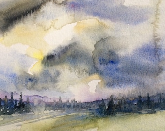 Pacific Northwest, stormy landscape, Northwest art, storm clouds, conifers, pine trees, wilderness, Washington state, landscape watercolor