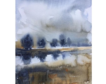 Abstract landscape, watercolor landscape, loose watercolor, wet in wet watercolor, reflection watercolor