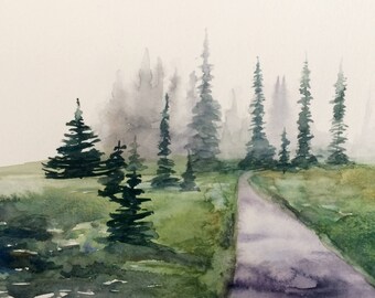 Rainier, Spray park mt Rainier, Pacific Northwest, northwest landscape, landscape watercolor, Misty trees, pine tree painting, landscape