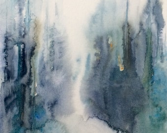 Abstract landscape, watercolor painting, wet in wet landscape, contemporary painting, Contemporary landscape, Misty forest, abstraction
