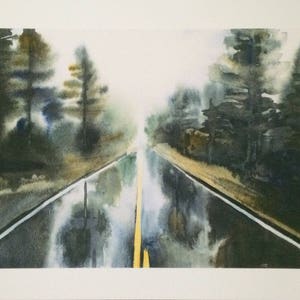 Watercolor landscape painting, PNW painting, PNW forest road, rainy day painting, Misty pine trees, watercolor trees, tree print, pine print