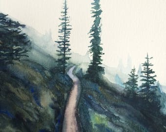 Pacific Northwest painting, pine tree painting, northwest landscape, landscape painting, mountain side, Misty trees, Misty mountain, Trees