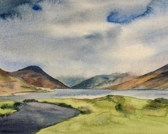 Lake District watercolor, wast water, landscape painting, mountain lake, English landscape, Cumbria painting, watercolor landscape