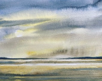 Puget Sound, landscape watercolor, storm clouds, stormy skies, sea painting, stormy seas, landscape painting, storm landscape, Northwest