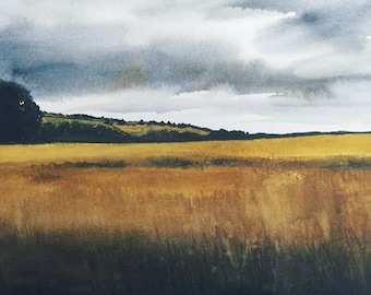 English watercolor, English wheatfield, English landscape, watercolor landscape, wheatfield, Shoreham Kent, Kent UK, English countryside