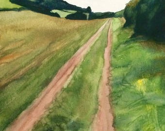 Landscape painting, English landscape, watercolor painting, English countryside, Kent UK, Meopham Kent, English fields, Kent England