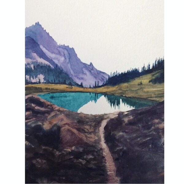 Olympic National Park, lake of the angels, cascades, alpine lake, Pacific Northwest watercolor, mountain lake, watercolor landscape, PNW art