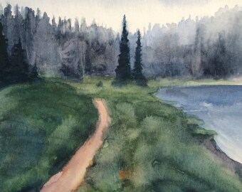 Pacific Northwest, landscape painting, alpine lakes, Misty mountains, mountain lake, pine trees, Misty landscape, Watercolor painting