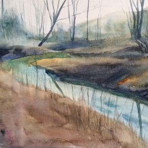 Landscape painting, woodland watercolor, woodland stream, winter trees, winter landscape, watercolor painting, landscape watercolor, Stream