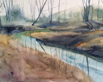 Landscape painting, woodland watercolor, woodland stream, winter trees, winter landscape, watercolor painting, landscape watercolor, Stream