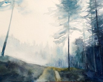 Forest painting, forest watercolor, Misty forest, Peak District, Misty pine forest, watercolor trees, watercolor painting, foggy forest