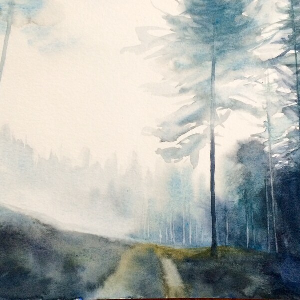 Forest painting, forest watercolor, Misty forest, Peak District, Misty pine forest, watercolor trees, watercolor painting, foggy forest