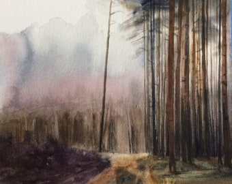 Forest watercolor, forest painting, misty pine forest painting, misty pines, misty trees, watercolor trees, watercolor forest, watercolor