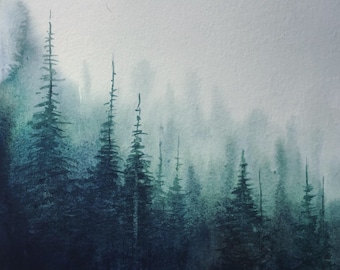 Forest watercolor, pine forest watercolor, pine forest painting, misty pine forest watercolor, watercolor pines, misty pine trees, trees