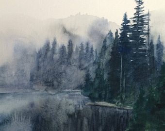 Landscape painting, Pacific Northwest, Misty lake painting, Alpine lakes, Misty pine trees, watercolor landscape, Misty mountain lake,Pines