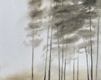 Forest watercolor, pine forest watercolor, wet in wet forest, loose watercolor, watercolor forest, mist pine trees, watercolor landscape