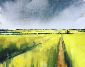 Dorset England, English landscape, English countryside, stormy sky watercolor, rural landscape, watercolors landscape, English fields