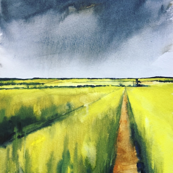 Dorset England, English landscape, English countryside, stormy sky watercolor, rural landscape, watercolors landscape, English fields