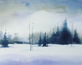 Snow watercolor, snow landscape, winter watercolor, winter landscape, watercolor landscape, winter pines, landscape watercolor,snow painting
