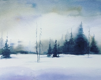 Snow watercolor, snow landscape, winter watercolor, winter landscape, watercolor landscape, winter pines, landscape watercolor,snow painting