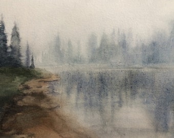 Pacific Northwest, landscape painting, watercolor painting, Misty landscape, alpine lakes, Misty mountain lake, PNW art, northwest landscape
