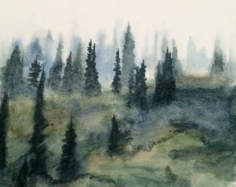Pine tree painting, Misty trees, Watercolor trees, tree painting, Pacific Northwest, Misty pines, Misty landscape, landscape painting, firs