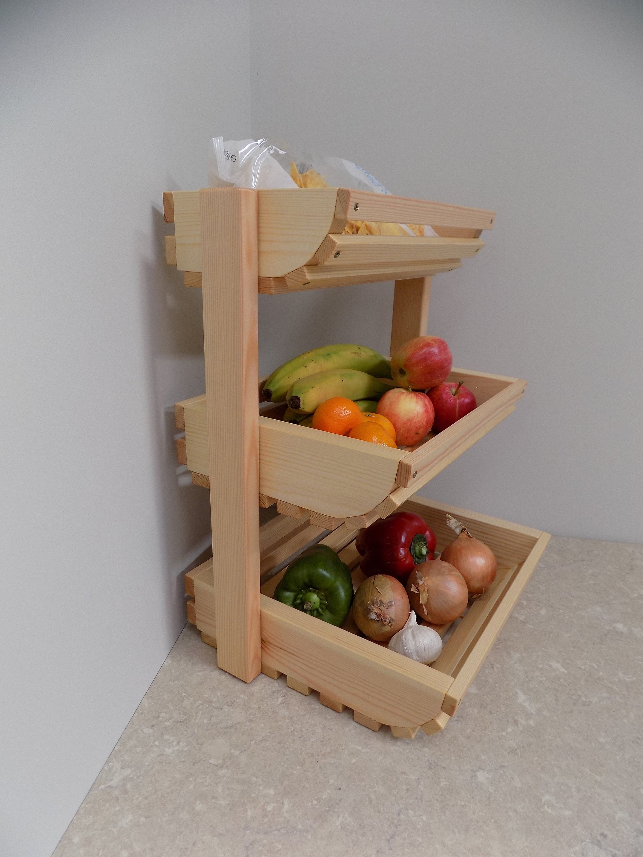 Wooden Two Tier Vegetables and Fruit Storage Rack Free Standing Countertop  Worktop Food Bowl Tray Basket for Kitchen Counter Top 
